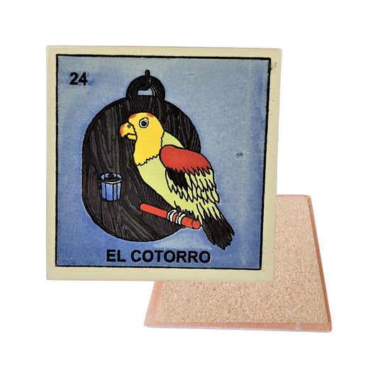 El Cotorro #24 Loteria ceramic coaster with parrot artwork and cork-backed reverse on a white background
