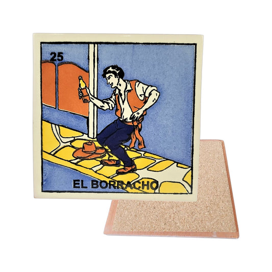 El Borracho #25 Loteria ceramic coaster with traditional character artwork and cork-backed reverse on a white background
