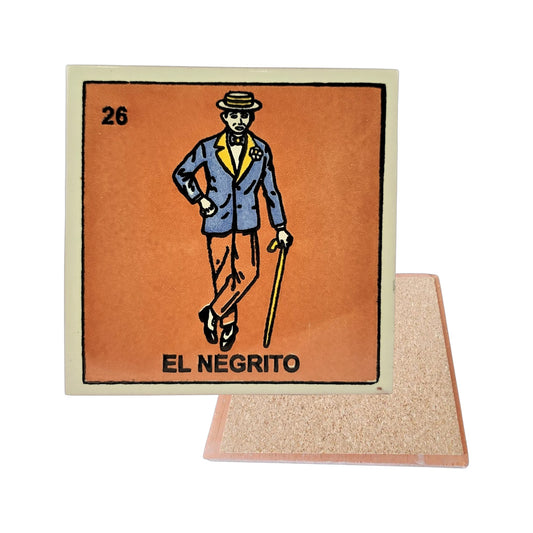 El Negrito #26 Loteria ceramic coaster with traditional card artwork and cork-backed reverse on a white background
