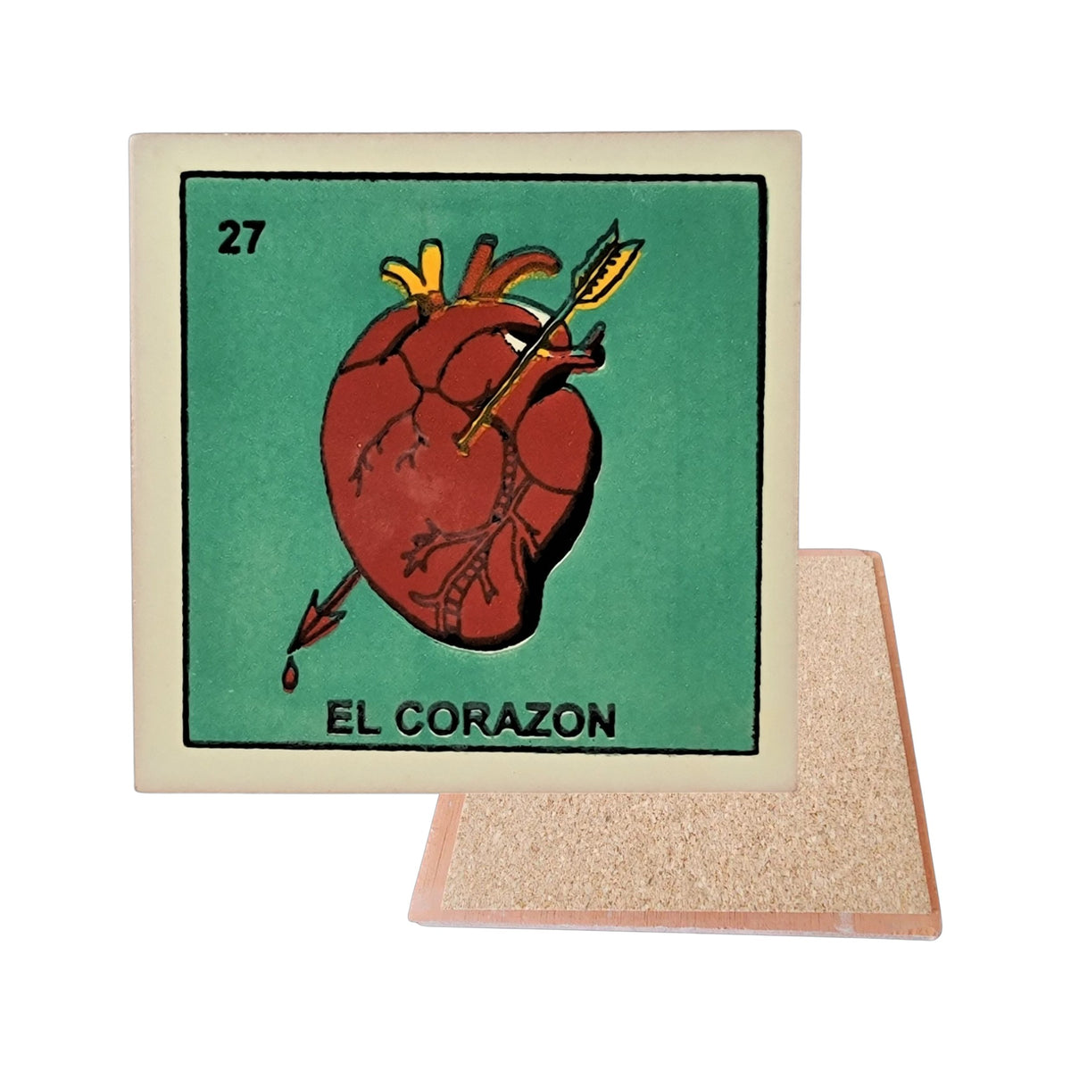 El Corazon #27 Loteria ceramic coaster with heart card artwork and cork-backed reverse on a white background
