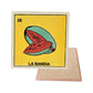 La Sandia #28 Loteria ceramic coaster with watermelon card artwork and cork-backed reverse on a white background
