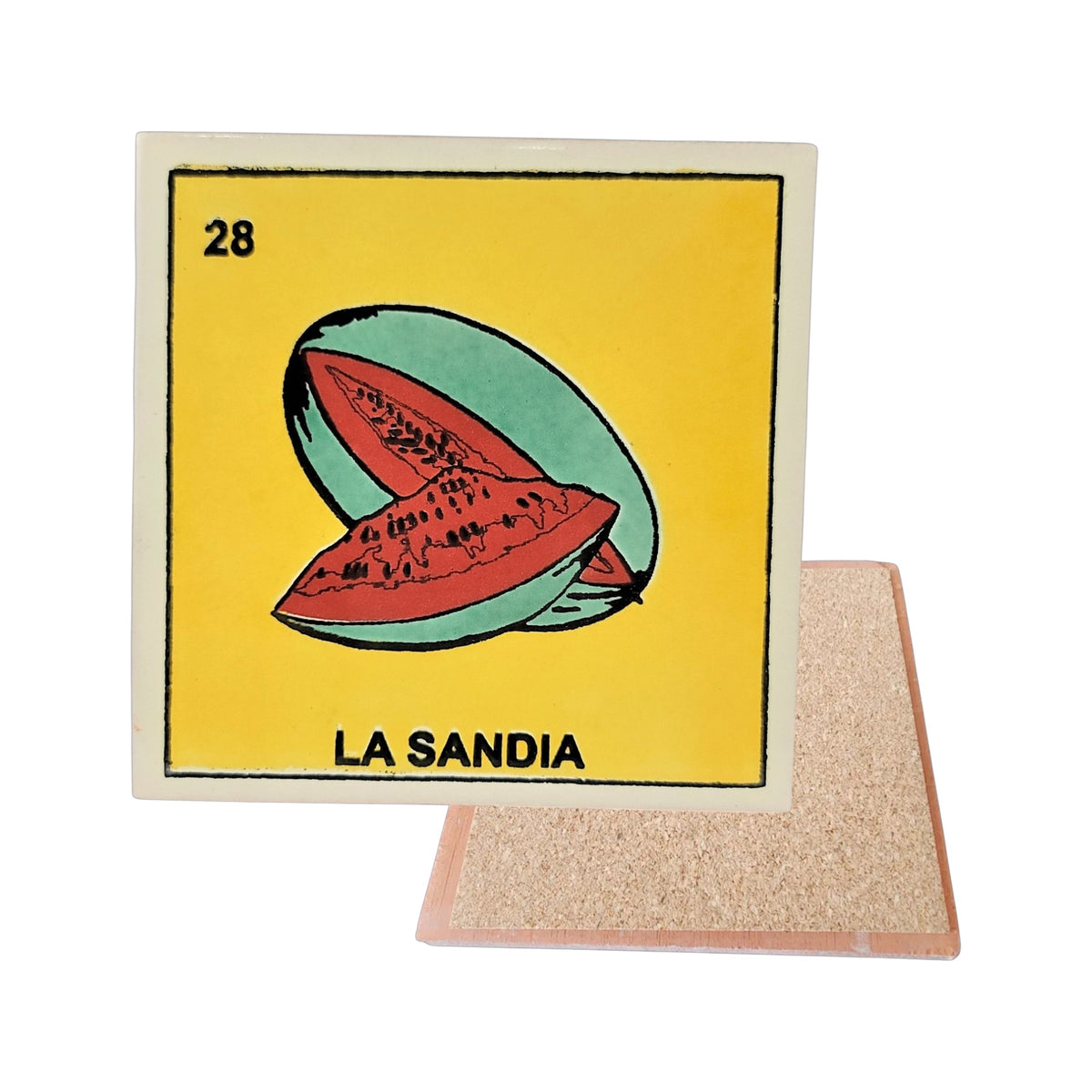 La Sandia #28 Loteria ceramic coaster with watermelon card artwork and cork-backed reverse on a white background
