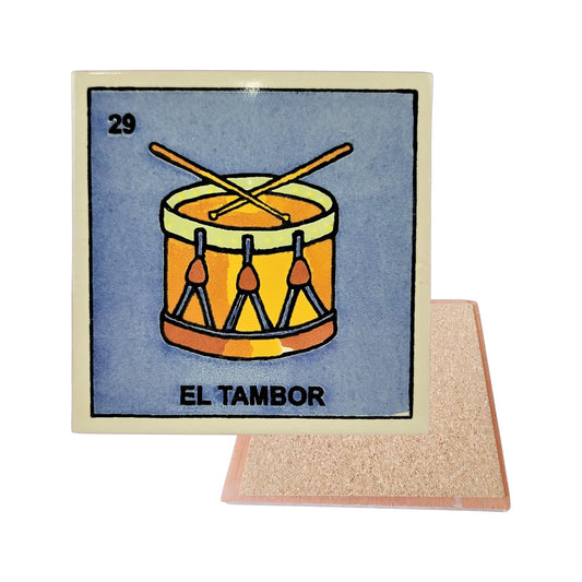 El Tambor #29 Loteria ceramic coaster with drum card artwork and cork-backed reverse on a white background
