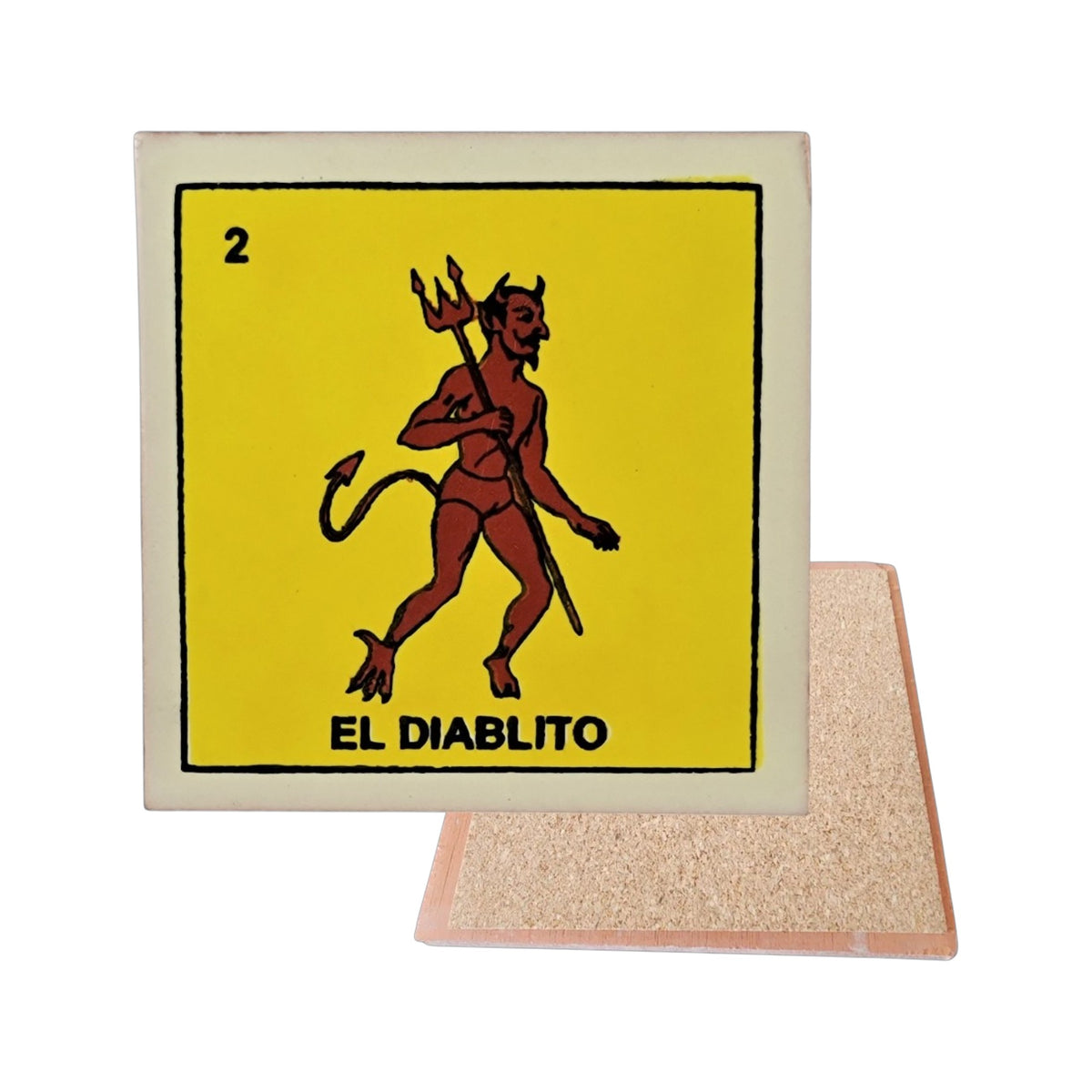 El Diablito #2 Loteria ceramic coaster with little devil artwork and cork-backed reverse on a white background
