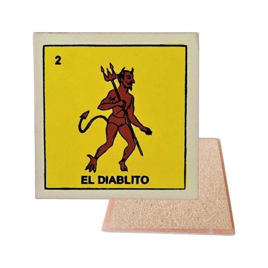 El Diablito #2 Loteria ceramic coaster with little devil artwork and cork-backed reverse on a white background
