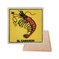 El Camaron #30 Loteria ceramic coaster with shrimp card artwork and cork-backed reverse on a white background
