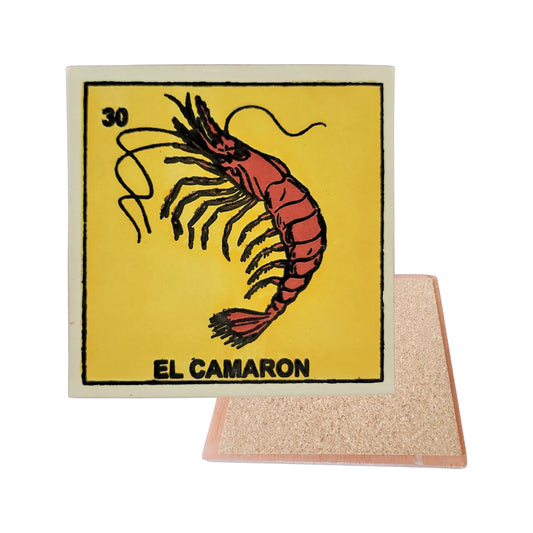 El Camaron #30 Loteria ceramic coaster with shrimp card artwork and cork-backed reverse on a white background
