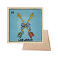 Las Jaras #31 Loteria ceramic coaster with arrow card artwork and cork-backed reverse on a white background
