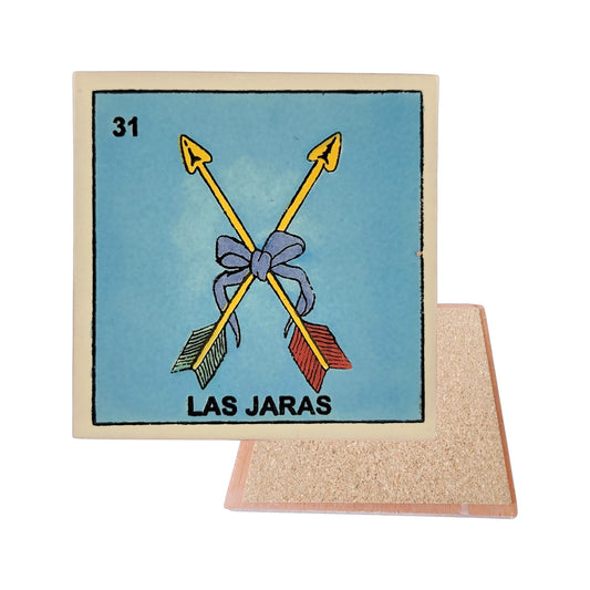 Las Jaras #31 Loteria ceramic coaster with arrow card artwork and cork-backed reverse on a white background

