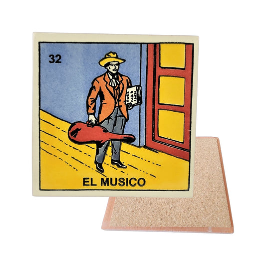 El Musico #32 Loteria ceramic coaster with musician card artwork and cork-backed reverse on a white background

