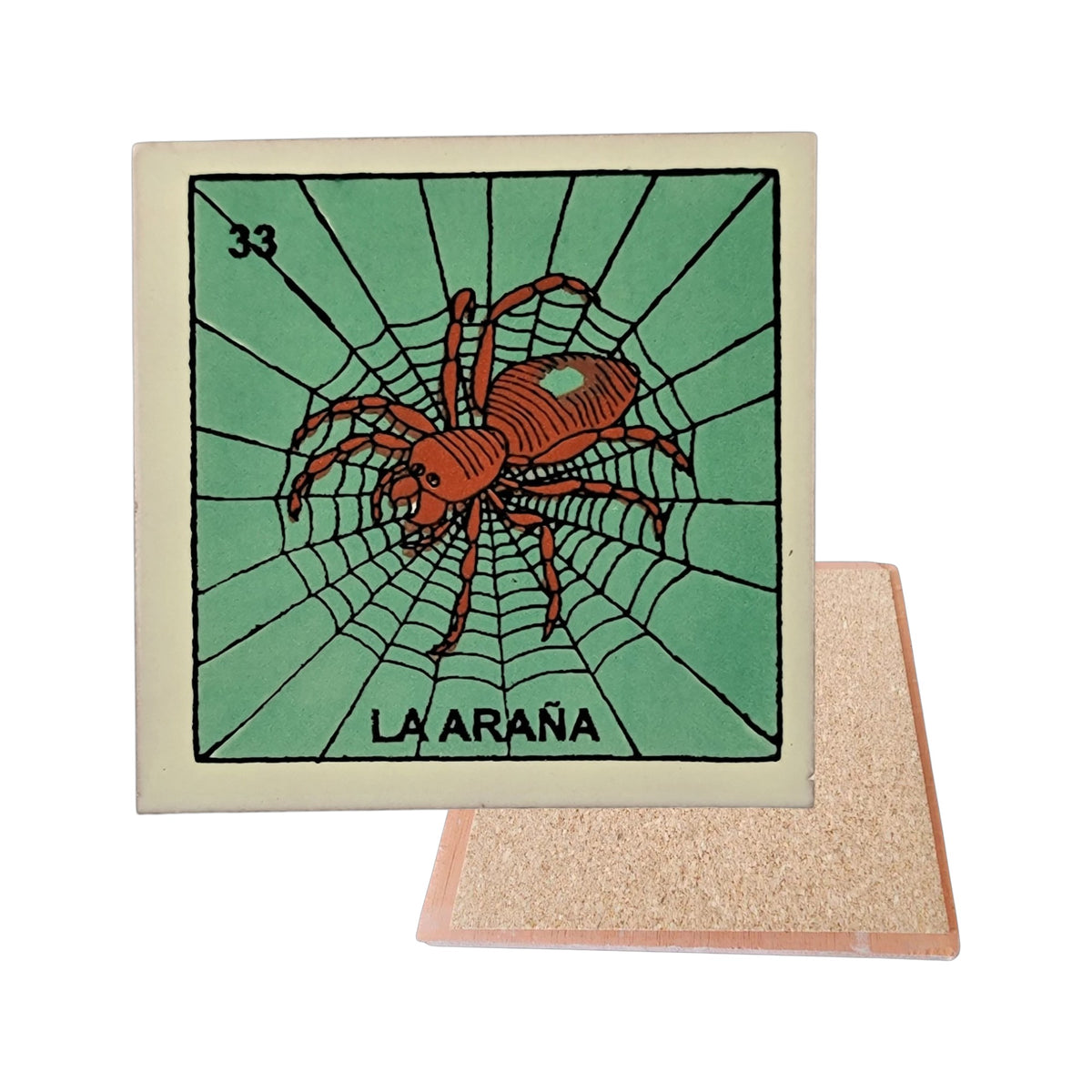 La Araña #33 Loteria ceramic coaster with spider card artwork and cork-backed reverse on a white background

