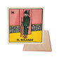 El Soldado #34 Loteria ceramic coaster with soldier card artwork and cork-backed reverse on a white background
