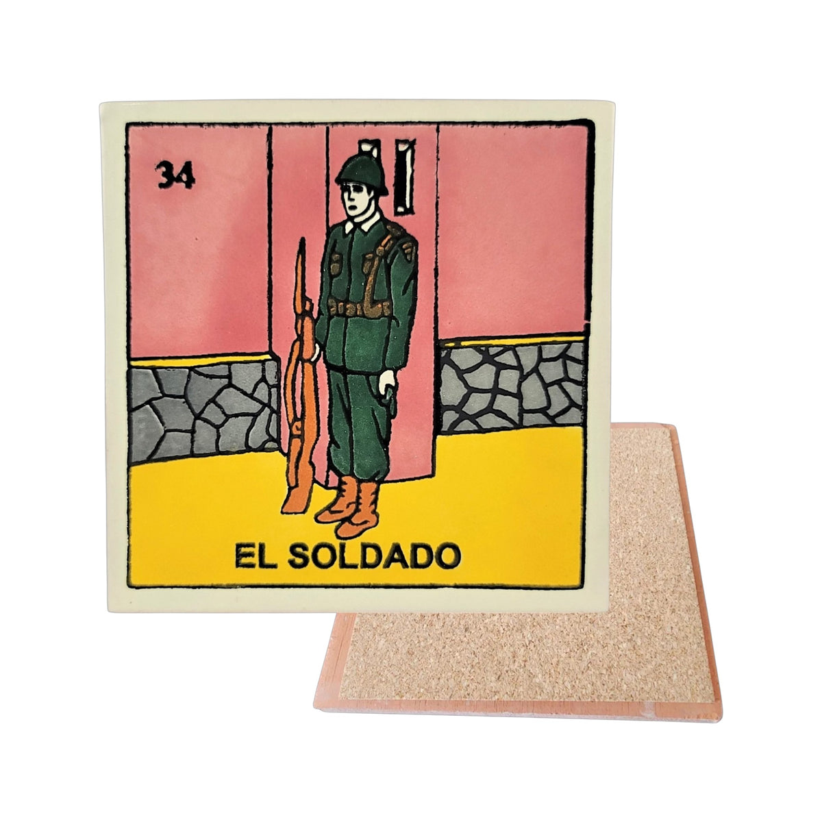 El Soldado #34 Loteria ceramic coaster with soldier card artwork and cork-backed reverse on a white background
