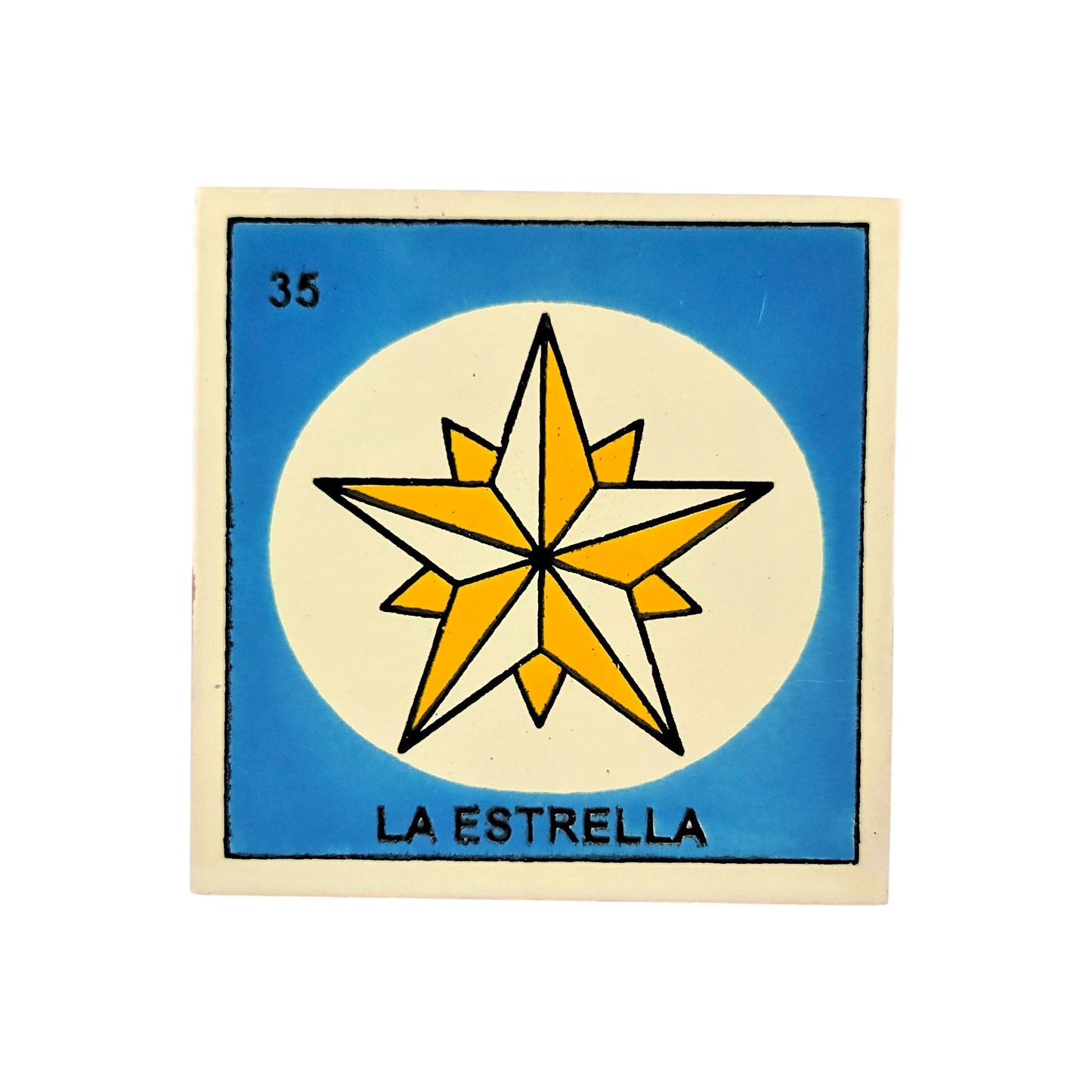 Lotería Tile La Estrella #35 Mexican ceramic folk art tile on white background