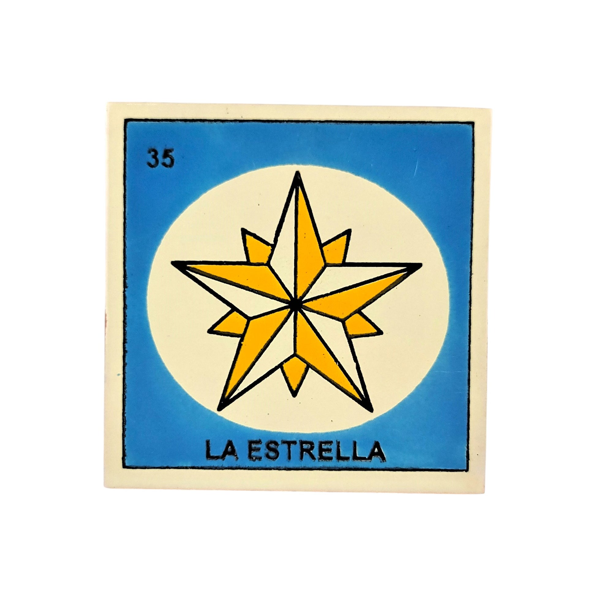 Lotería Tile La Estrella #35 Mexican ceramic folk art tile on white background