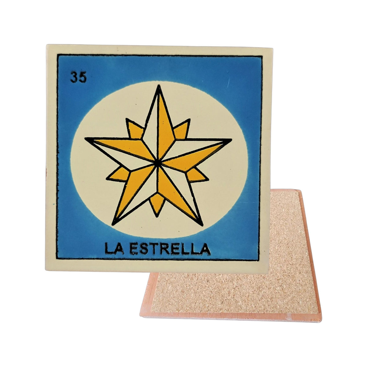 La Estrella #35 Loteria ceramic coaster with star card artwork and cork-backed reverse on a white background
