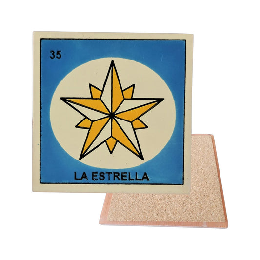 La Estrella #35 Loteria ceramic coaster with star card artwork and cork-backed reverse on a white background

