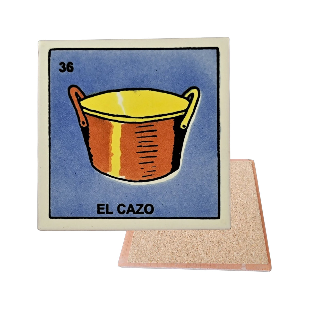 El Cazo #36 Loteria ceramic coaster with cooking-pot card artwork and cork-backed reverse on a white background
