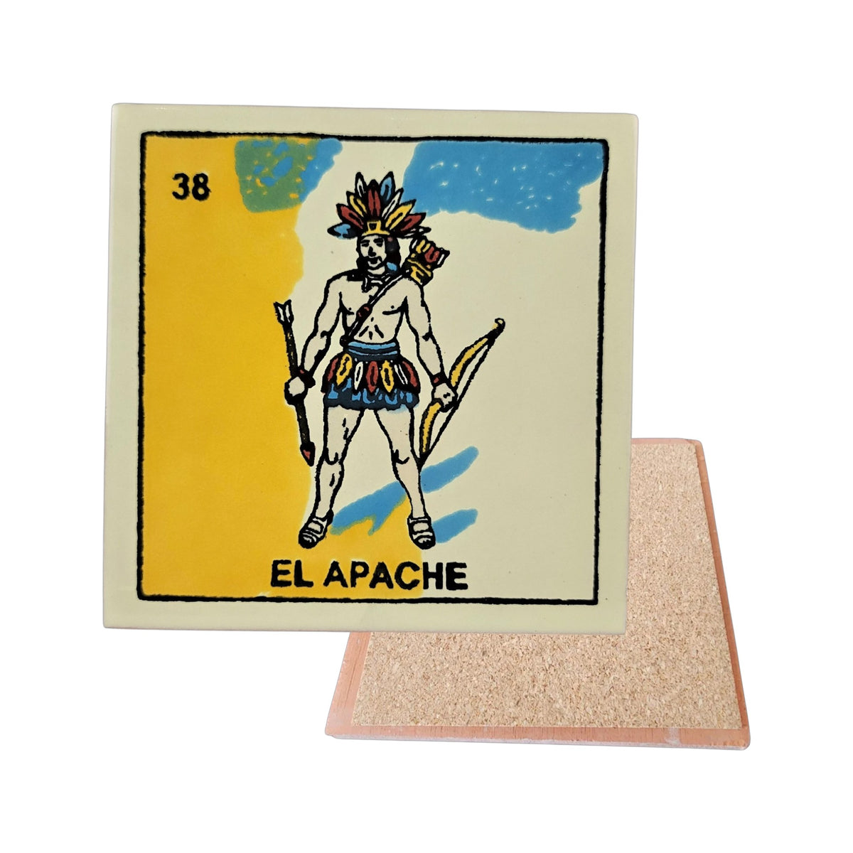 El Apache #38 Loteria ceramic coaster with traditional figure card artwork and cork-backed reverse on a white background
