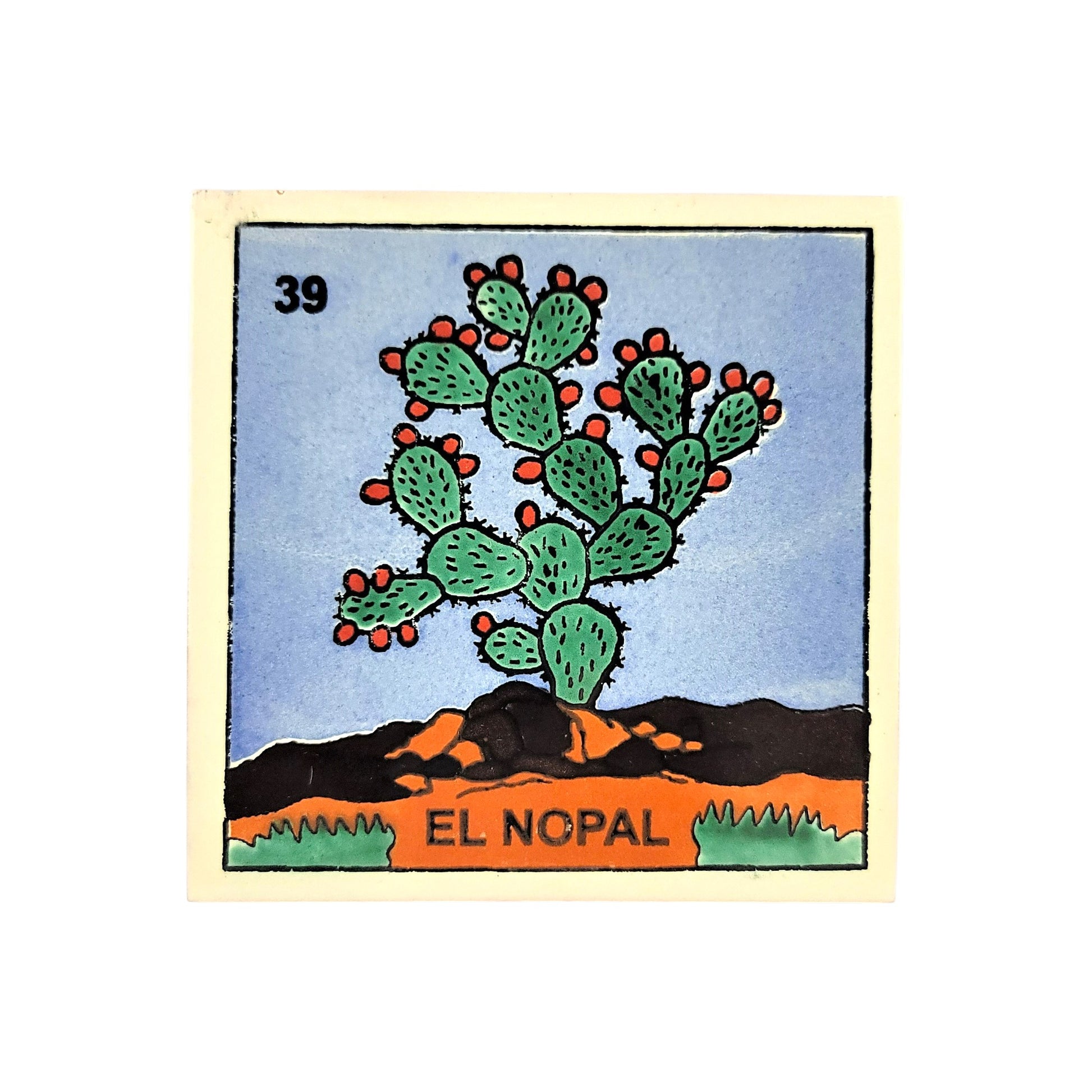 Lotería Tile El Nopal #39 Mexican ceramic folk art tile on white background