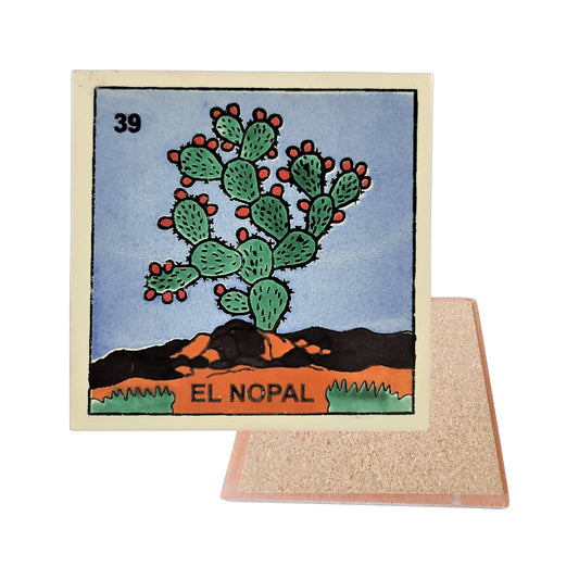 El Nopal #39 Loteria ceramic coaster with nopal cactus card artwork and cork-backed reverse on a white background
