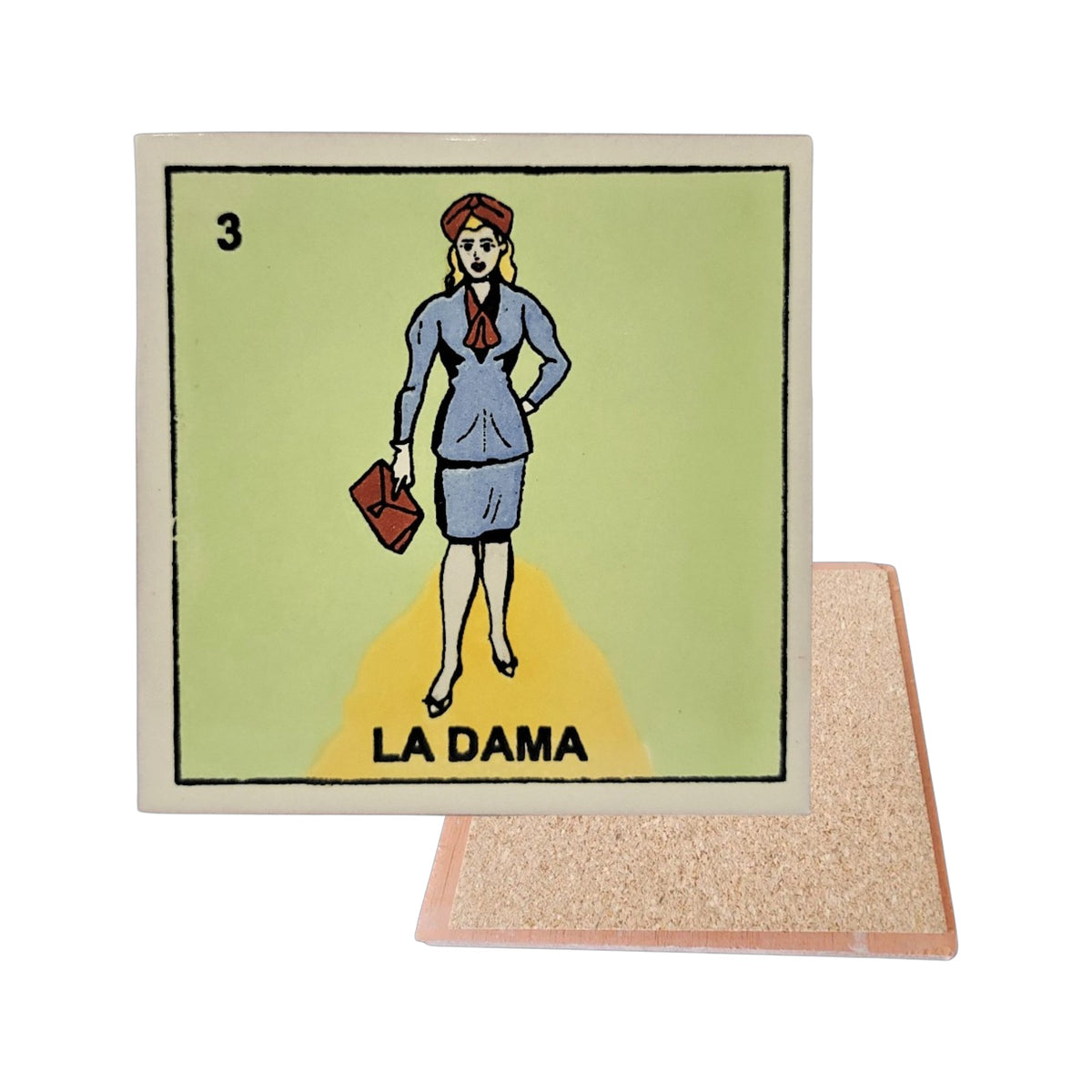 La Dama #3 Loteria ceramic coaster with lady artwork and cork-backed reverse on a white background
