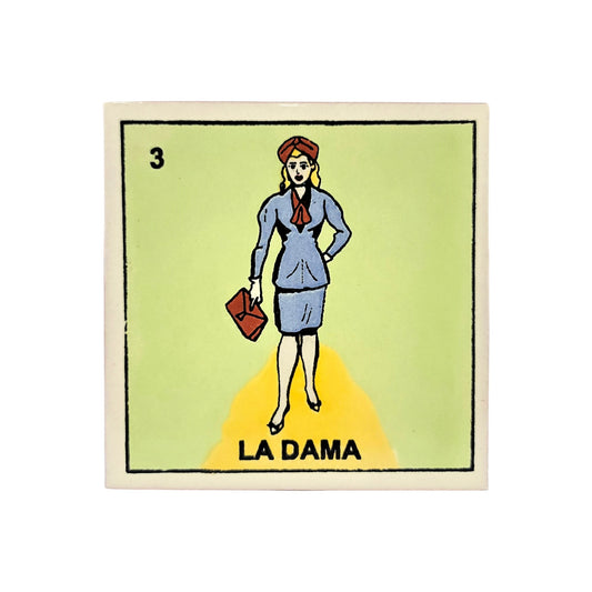 Lotería Coaster – La Dama #3 | Mexican Ceramic Folk Art Décor