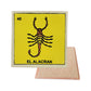 El Alacran #40 Loteria ceramic coaster with scorpion card artwork and cork-backed reverse on a white background
