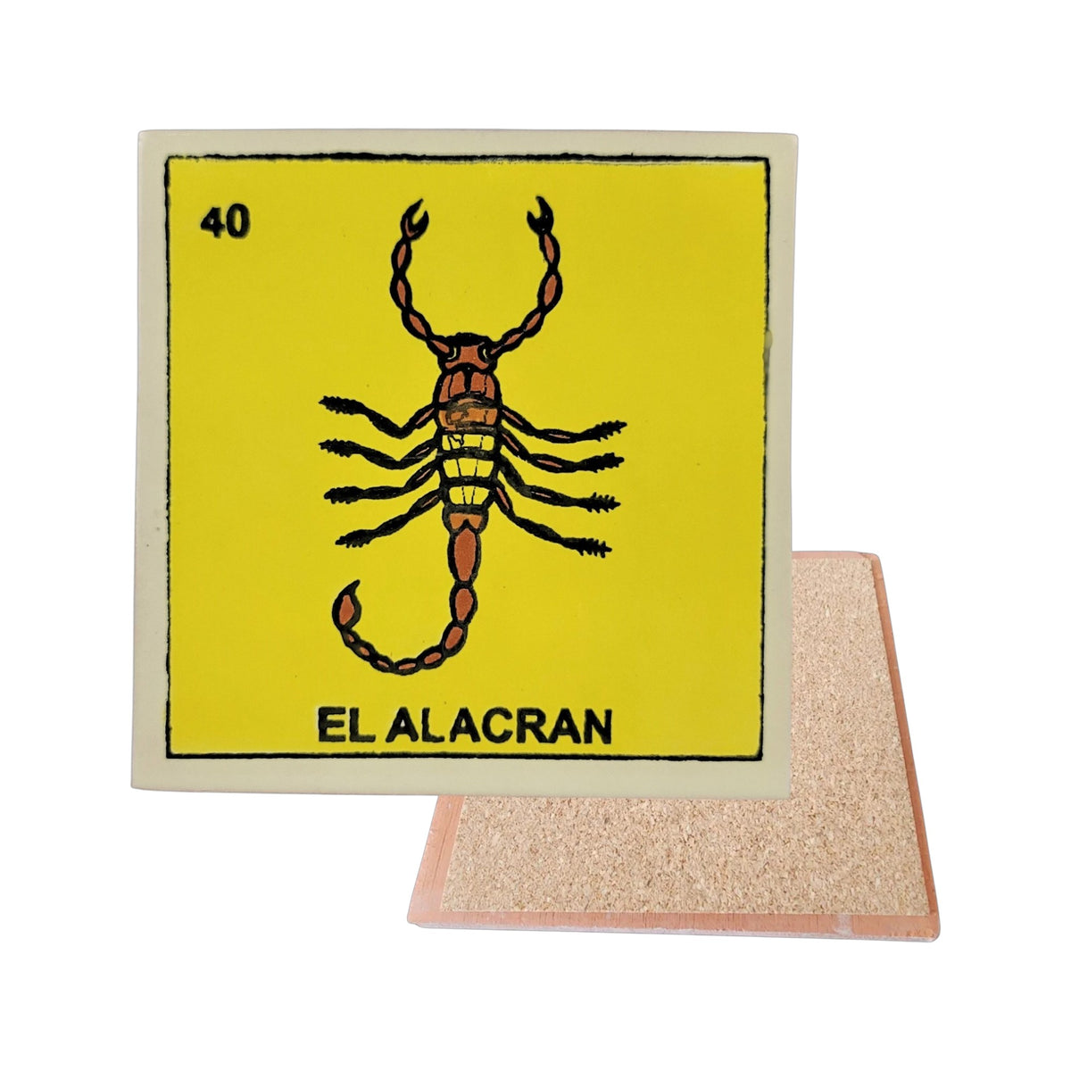 El Alacran #40 Loteria ceramic coaster with scorpion card artwork and cork-backed reverse on a white background
