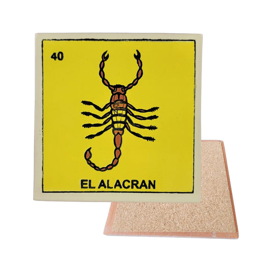 El Alacran #40 Loteria ceramic coaster with scorpion card artwork and cork-backed reverse on a white background
