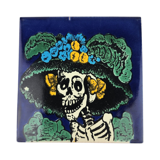 Blue Catrina Portrait ceramic tile with floral hat and Mexican folk art design