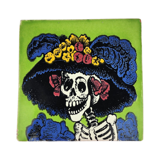 Lime green Catrina Portrait ceramic tile with floral hat and Mexican folk art design
