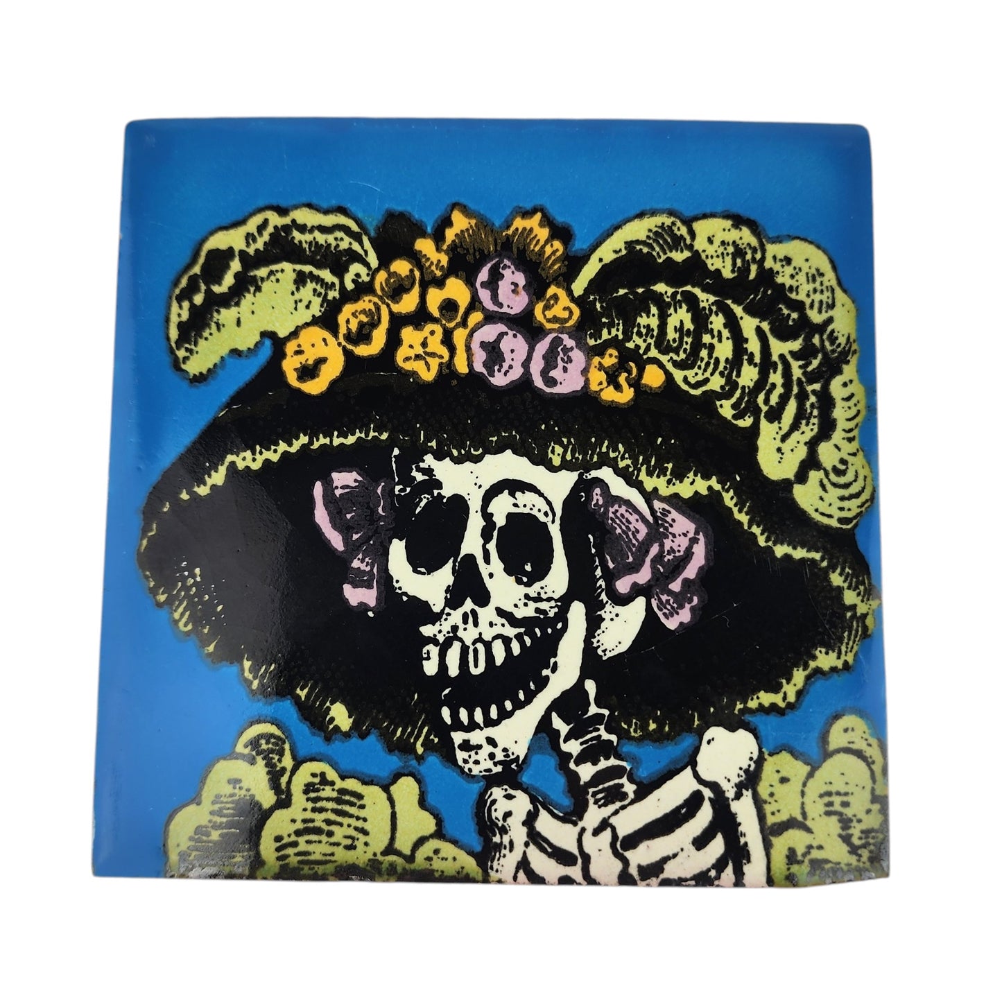 Sky blue Catrina Portrait ceramic tile with floral hat and Mexican folk art design