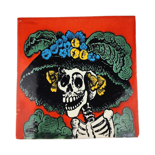 Red orange Catrina Portrait ceramic tile with floral hat and Mexican folk art design