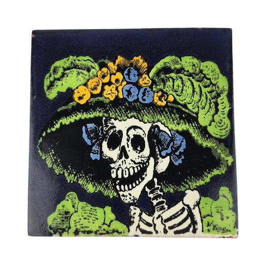 Navy blue Catrina Portrait ceramic tile with floral hat and Mexican folk art design