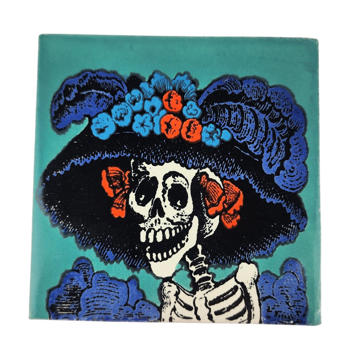 Teal Catrina Portrait ceramic tile with floral hat and Mexican folk art design