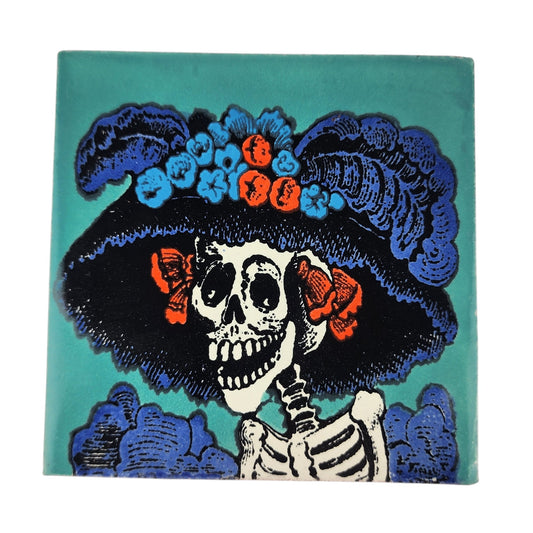 Teal Catrina Portrait ceramic tile with floral hat and Mexican folk art design