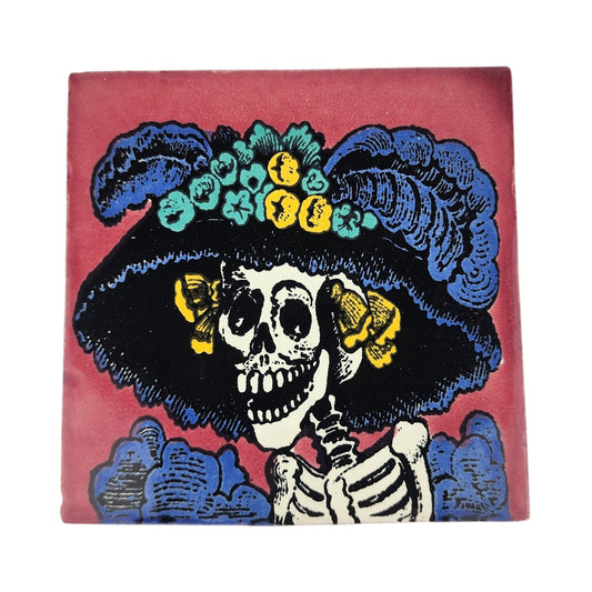Mauve pink Catrina Portrait ceramic tile with floral hat and Mexican folk art design