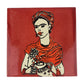 Brick red Frida Kahlo portrait ceramic tile with Mexican folk art design