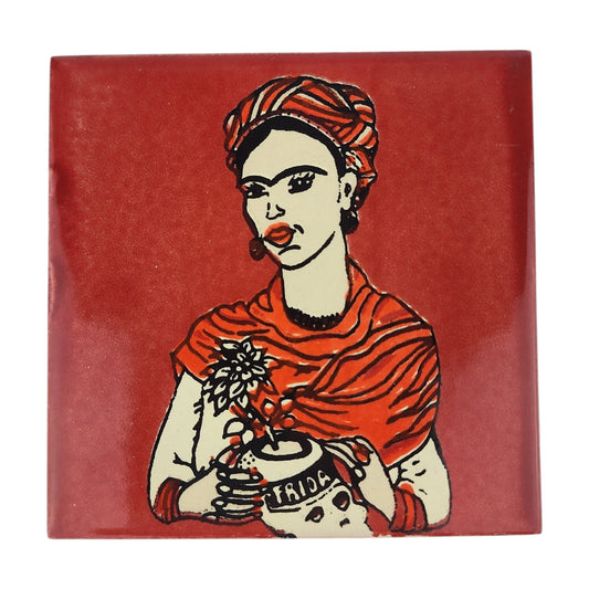 Brick red Frida Kahlo portrait ceramic tile with Mexican folk art design