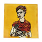 Mustard yellow Frida Kahlo portrait ceramic tile with Mexican folk art design