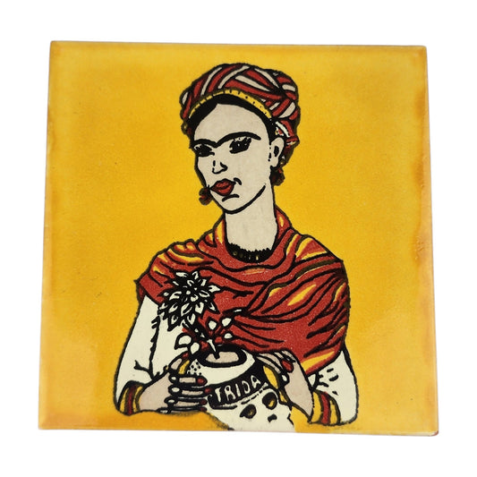 Mustard yellow Frida Kahlo portrait ceramic tile with Mexican folk art design