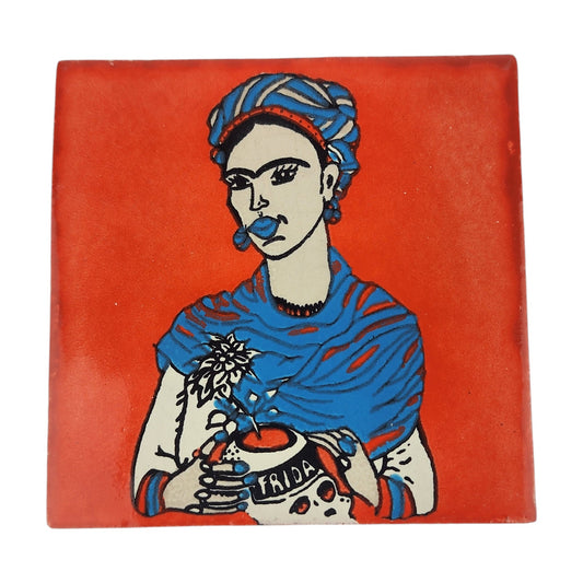 Red orange Frida Kahlo portrait ceramic tile 4 1/8 inch Mexican folk art decor