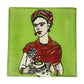 Frida Kahlo portrait ceramic tile with lime green background and Mexican folk art design