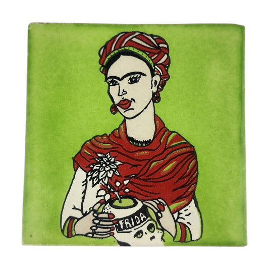Frida Kahlo portrait ceramic tile with lime green background and Mexican folk art design