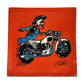 Skeleton Motorcycle ceramic tile with red-orange background and Mexican folk art design