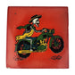 Skeleton Motorcycle ceramic tile with red background and colorful Mexican folk art design