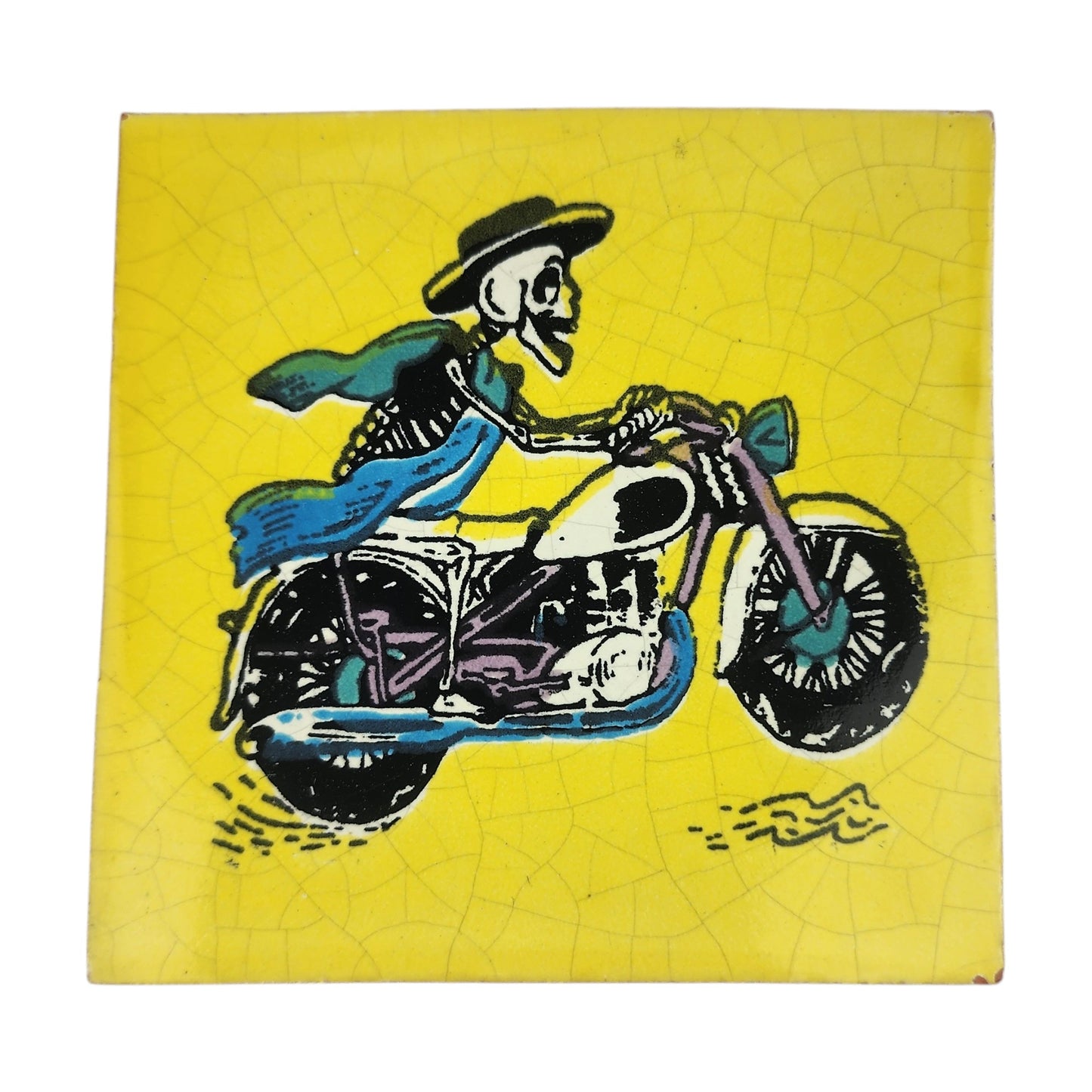 Skeleton Motorcycle ceramic tile with yellow background and colorful Mexican folk art design