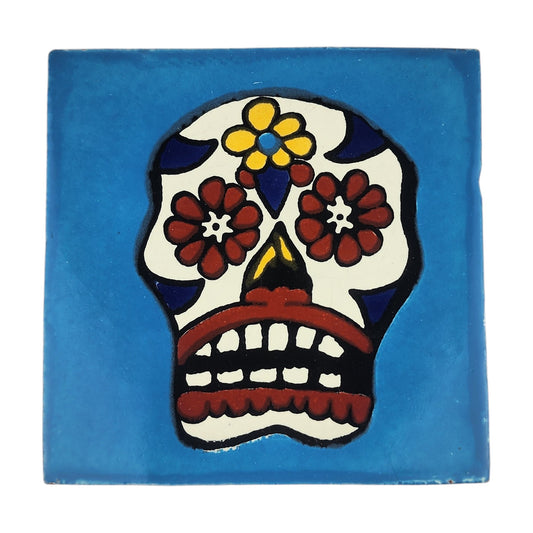 Floral sugar skull Mexican ceramic tile with sky blue background and colorful flowers