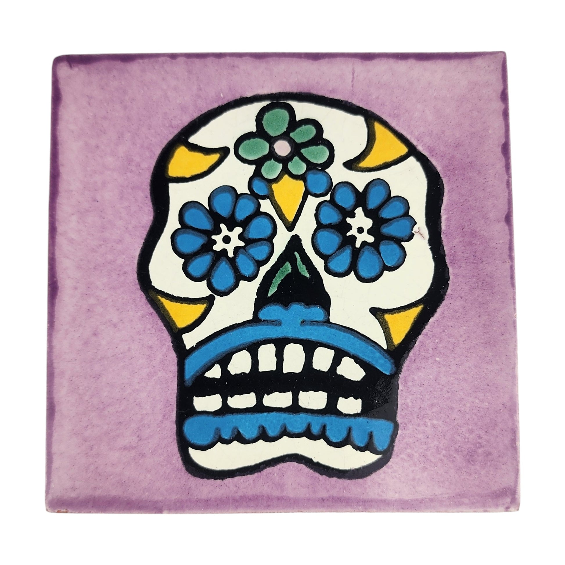 Floral sugar skull Mexican ceramic tile with purple background and colorful flowers